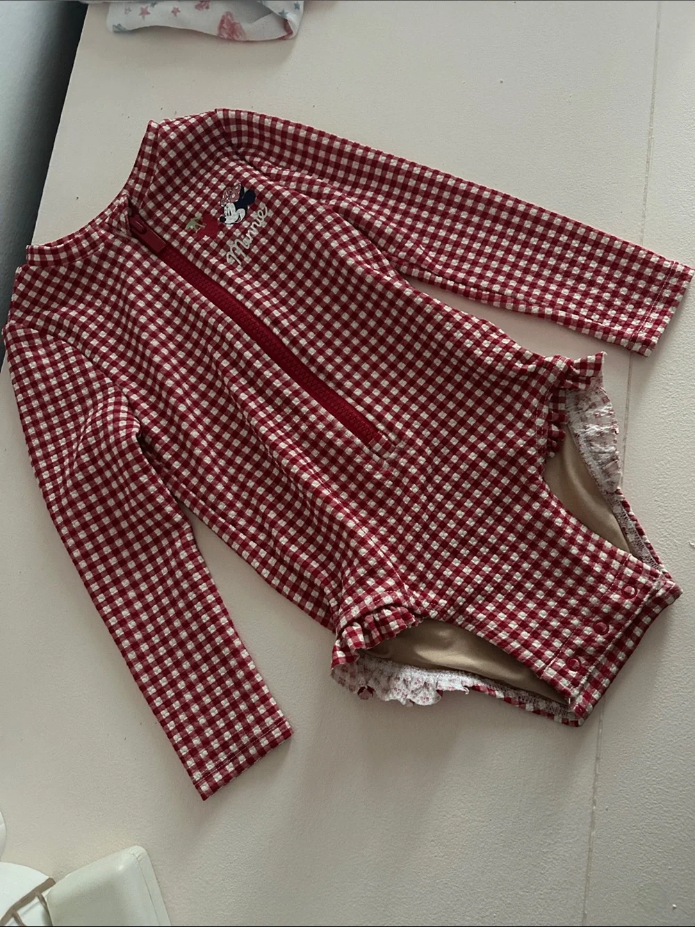 Long-Sleeve Red Gingham One-Piece Swim Suit for Kids